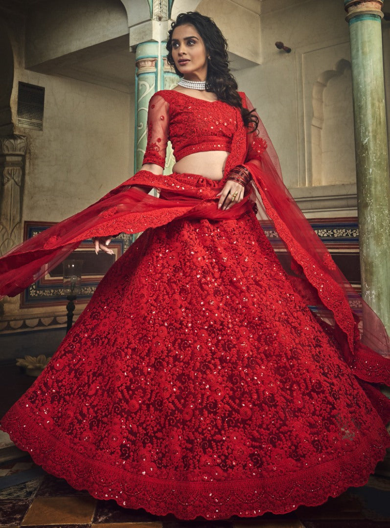 Red soft net sequence work bridal and party wear lehenga choli