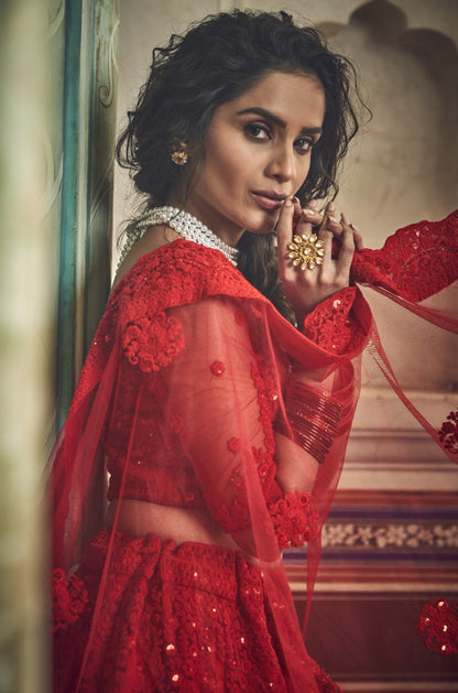 Red soft net sequence work bridal and party wear lehenga choli