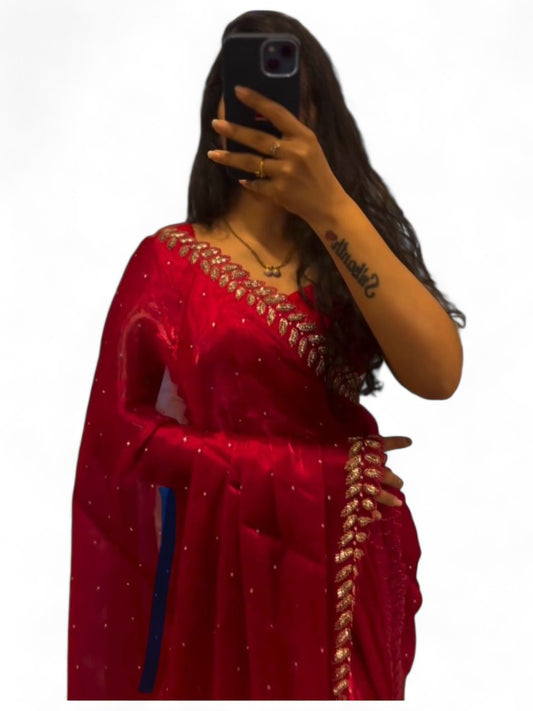 Red stylish fancy party wear saree