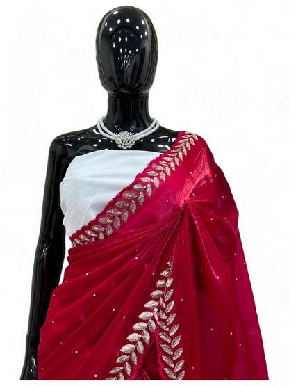 Red stylish fancy party wear saree