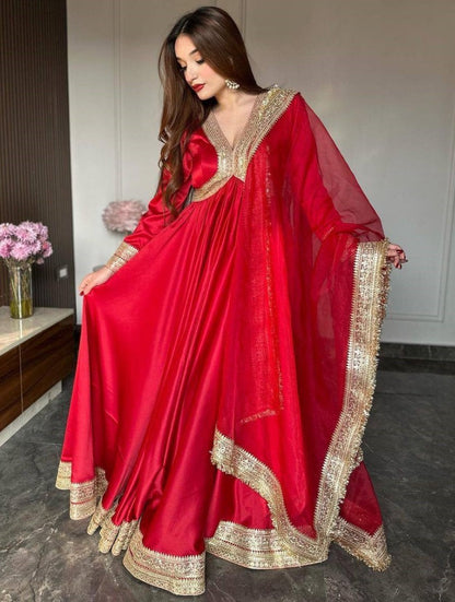 Red taffeta silk embroidered long ethnic gown