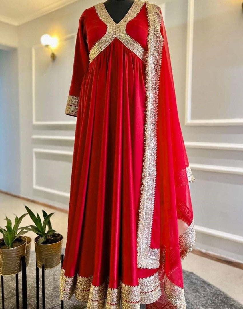 Red taffeta silk embroidered long ethnic gown