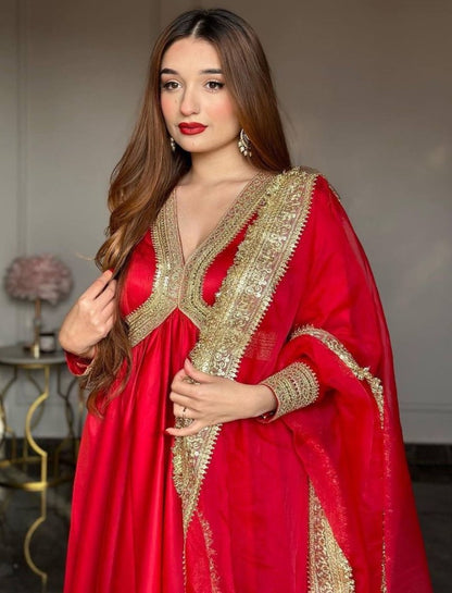 Red taffeta silk embroidered long ethnic gown