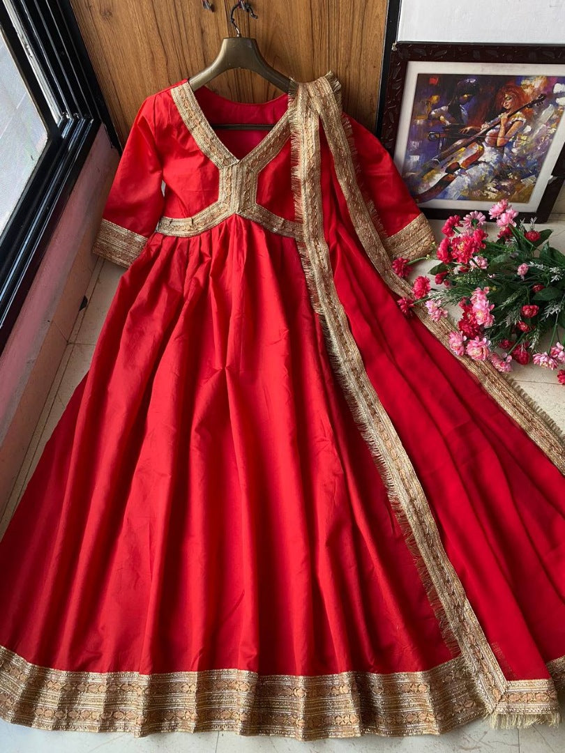 Red taffeta silk embroidered long ethnic gown