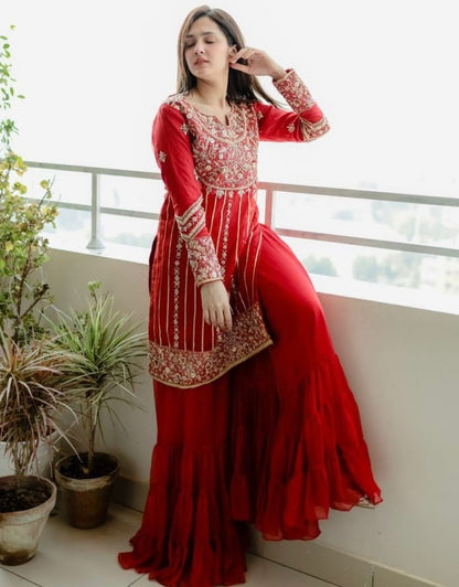Red thread sequence work sharara suit