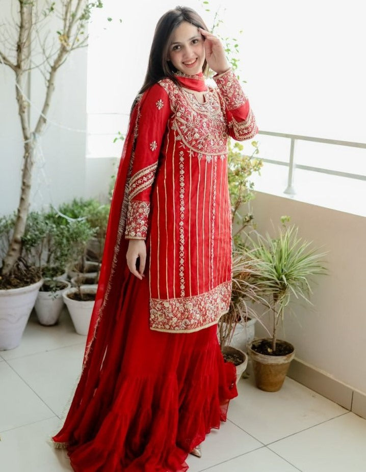 Red thread sequence work sharara suit
