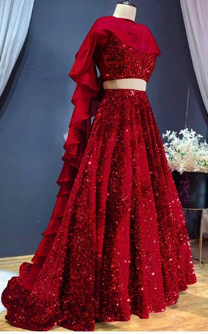 Red velvet heavy sequence work wedding lehenga choli