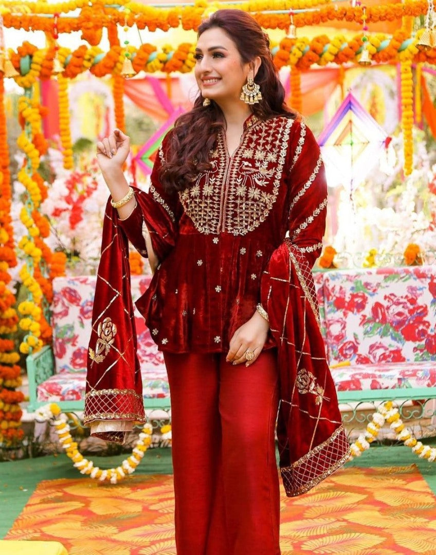 Red velvet wedding palazzo suit