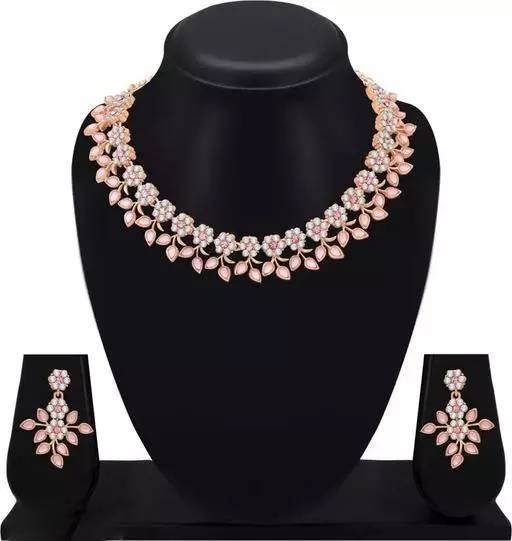 Rose gold copper cubic zirconia american diamond necklace with earrings