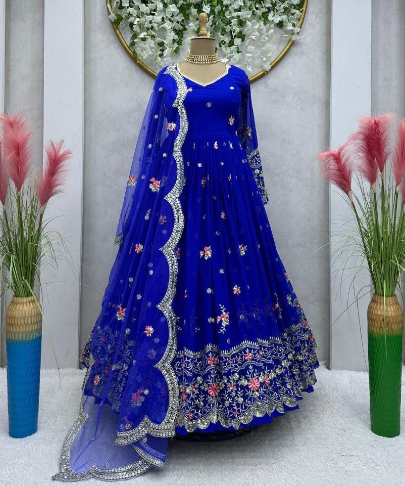 Royal blue georgette heavy work wedding gown