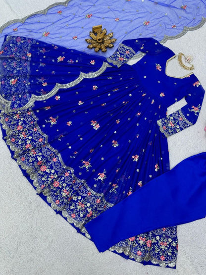 Royal blue georgette heavy work wedding gown