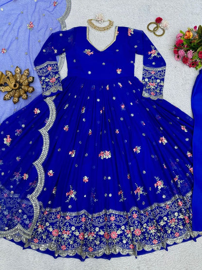 Royal blue georgette heavy work wedding gown