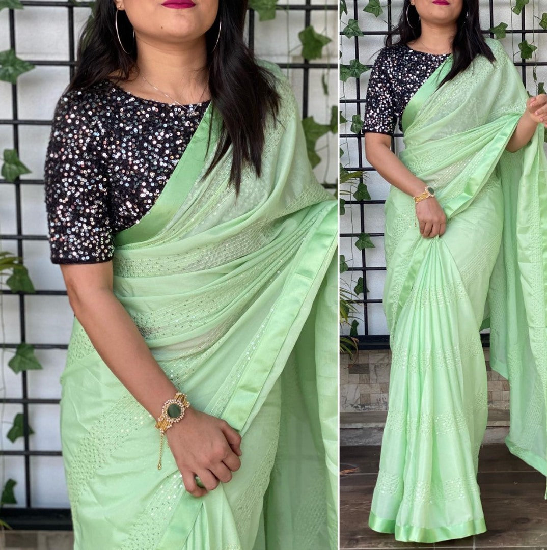 Sea green chinon silk sequence and thread work party wear saree