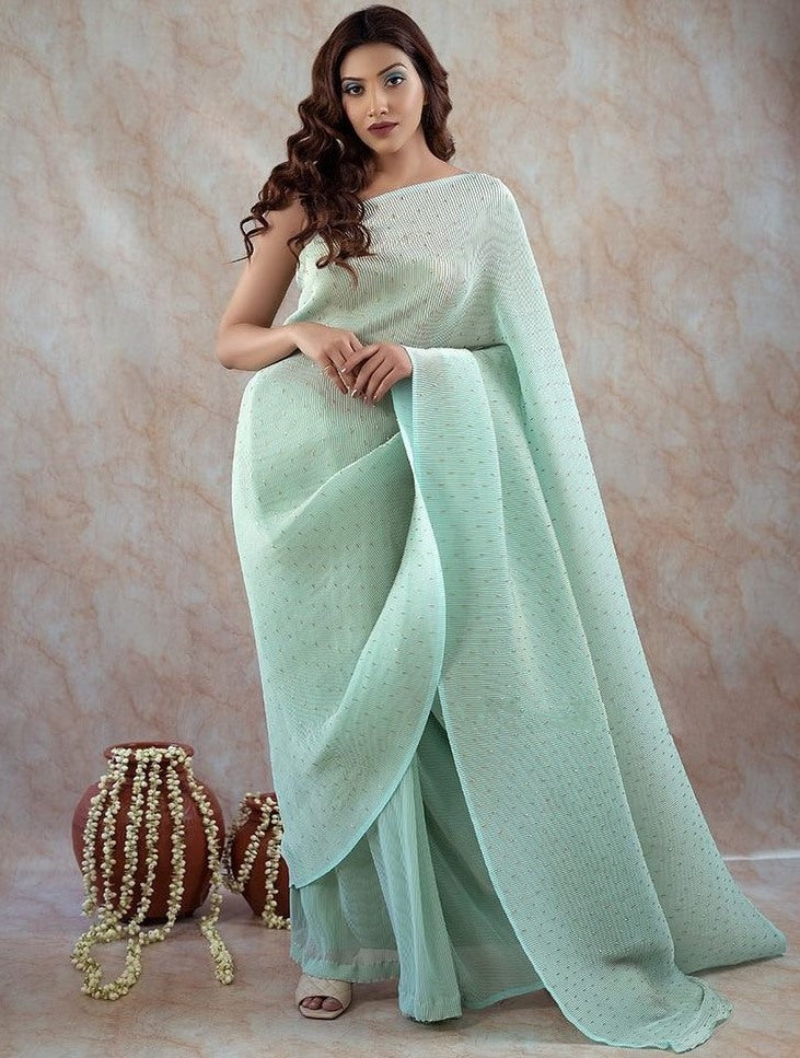 Sea green crushed georgette khatli handwork designer party wear saree