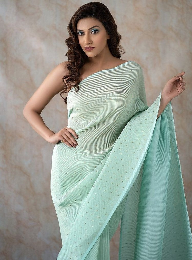 Sea green crushed georgette khatli handwork designer party wear saree