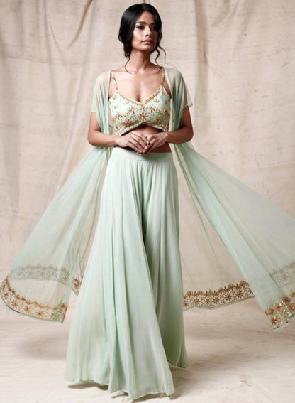 Sea green georgette embroidered indowestern plazzo suit