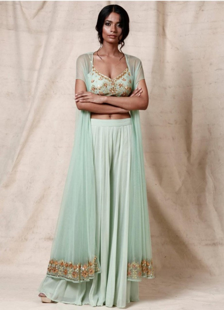 Sea green georgette embroidered indowestern plazzo suit