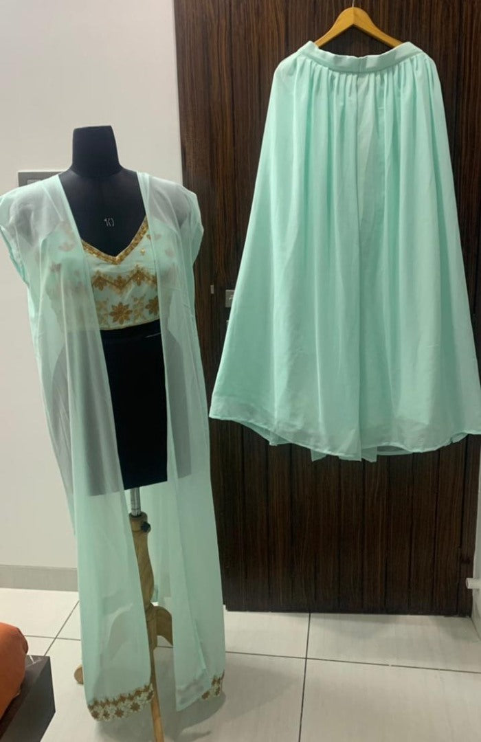 Sea green georgette embroidered indowestern plazzo suit