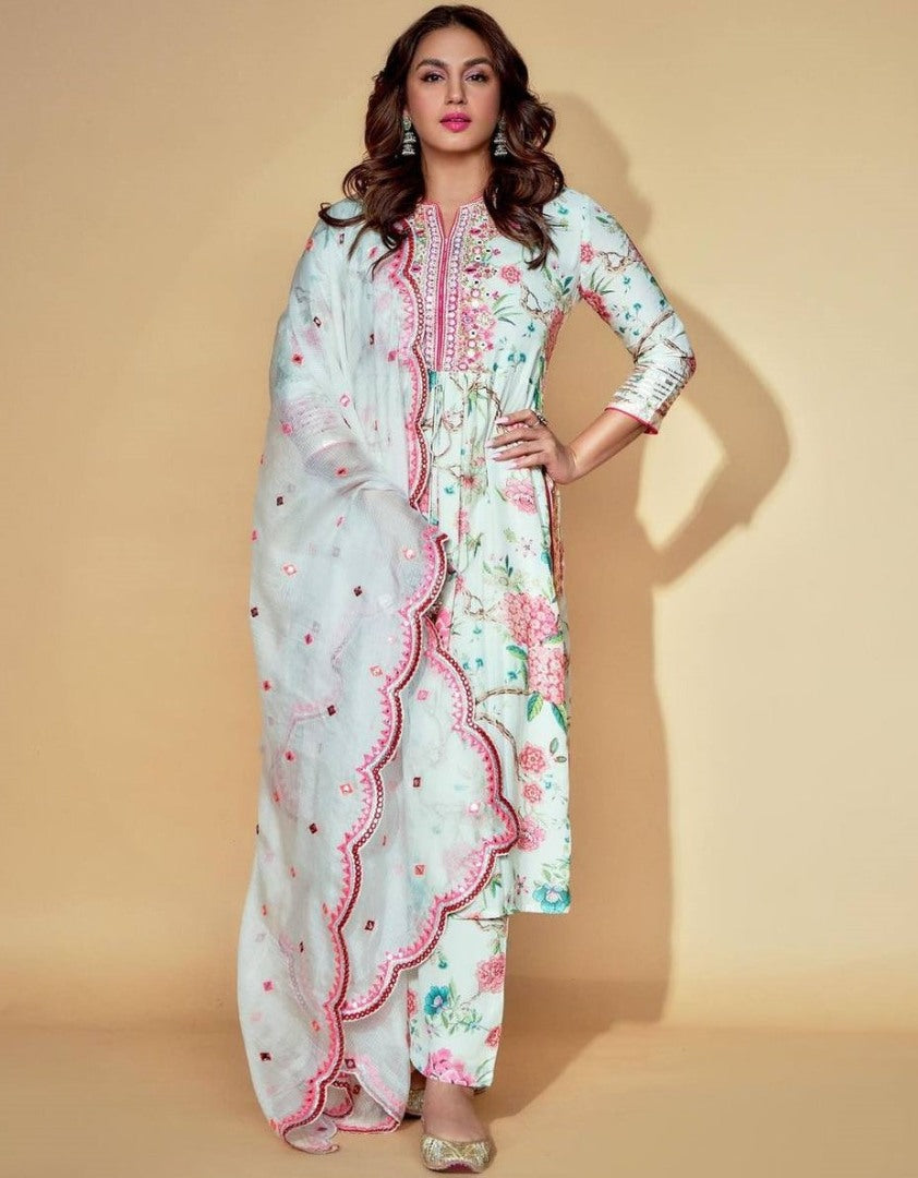 Sea green georgette floral print and embroidery work plazzo suit