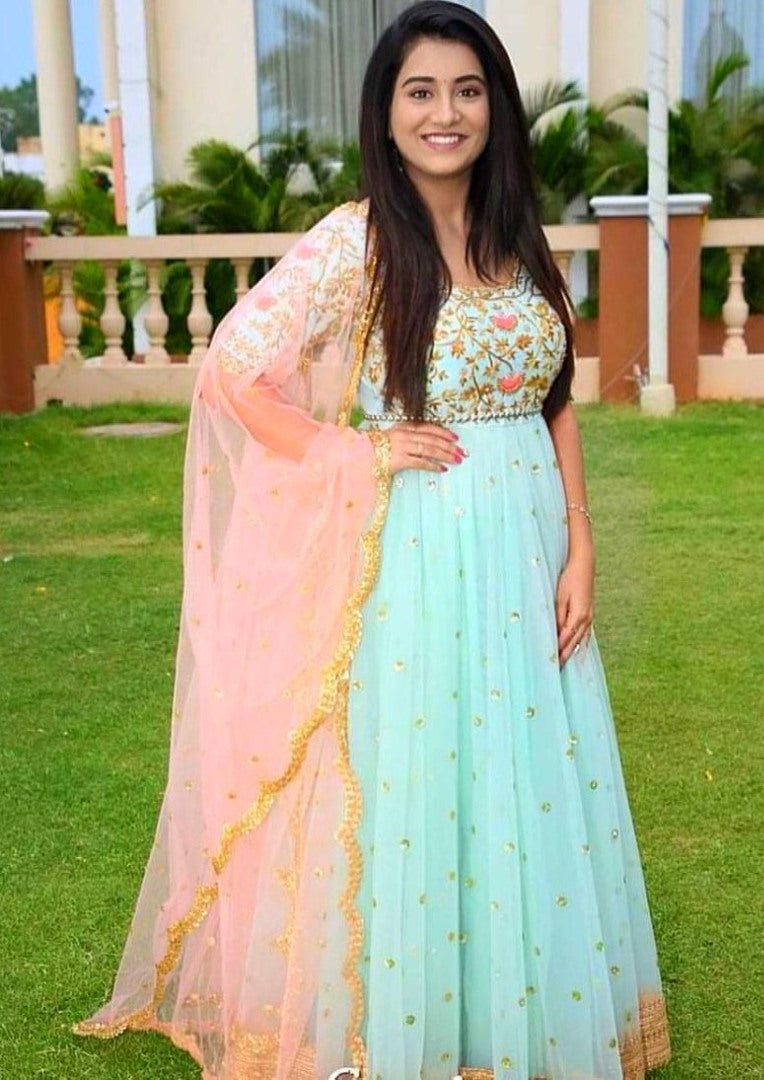 Sea green heavy georgette embroidered work party wear gown