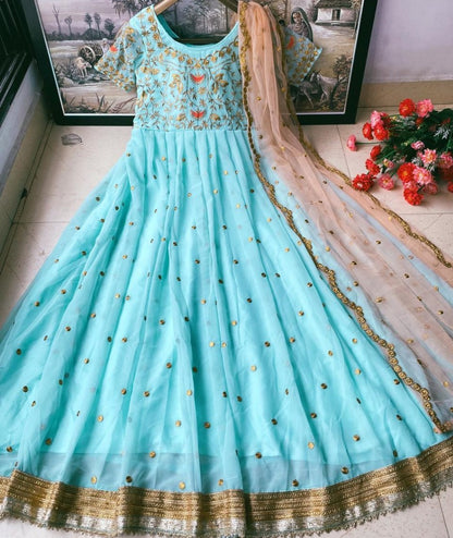 Sea green heavy georgette embroidered work party wear gown