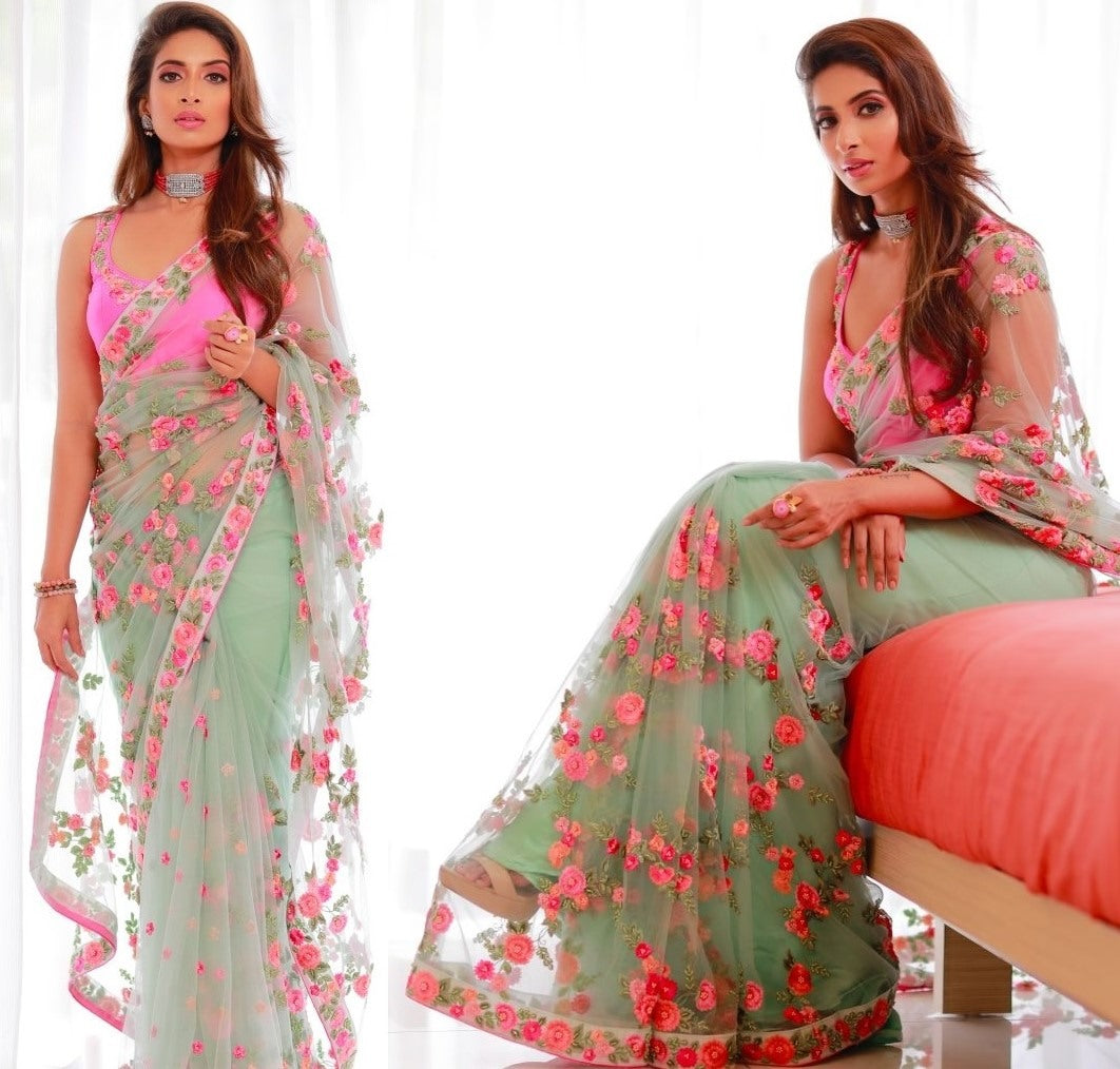 Sea green heavy nylon butterfly embroidered saree