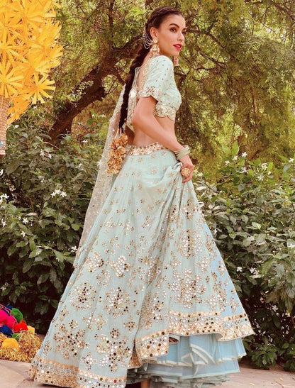 Sea green mulberry silk paper mirror work wedding lehenga choli