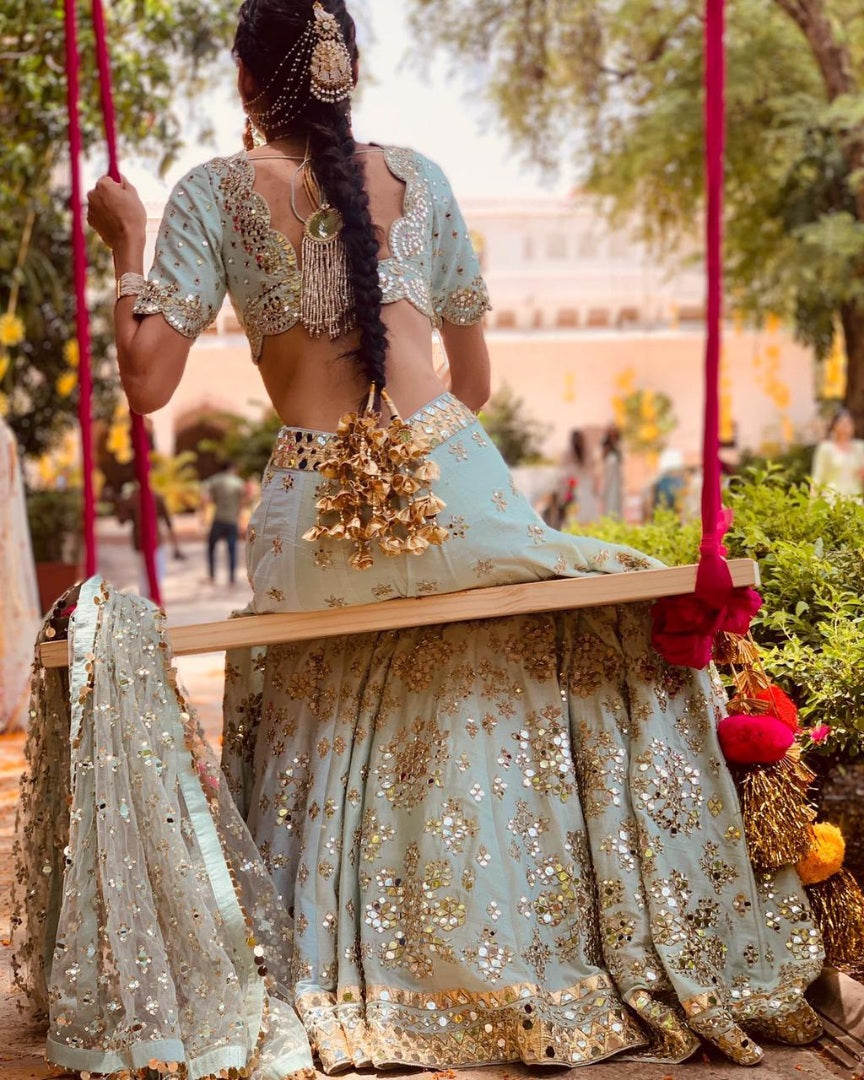 Sea green mulberry silk paper mirror work wedding lehenga choli