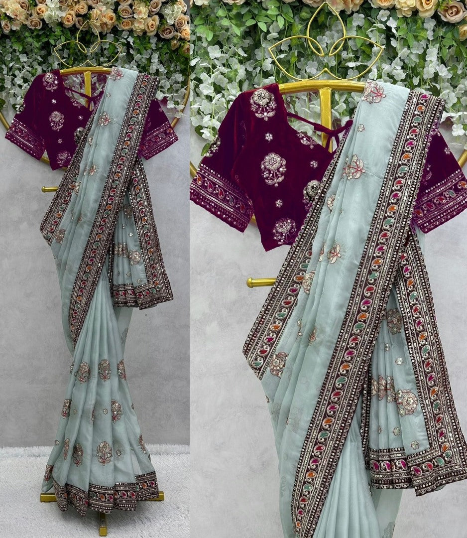 Sea green organza silk heavy work designer wedding saree