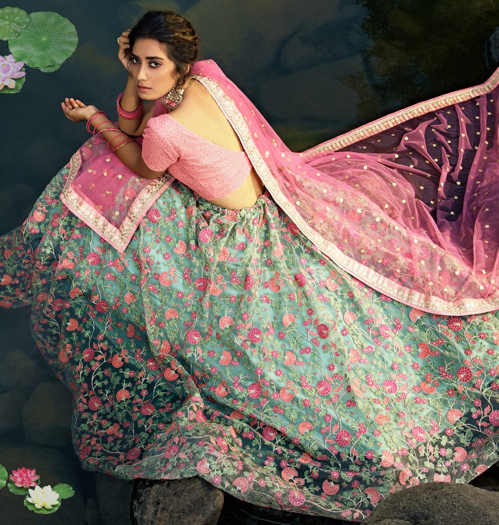 Sea green soft net sequence thread work bridal lehenga choli