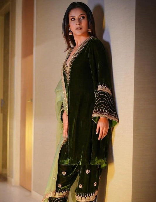 Shehnaaz gill dark green velvet salwar suit