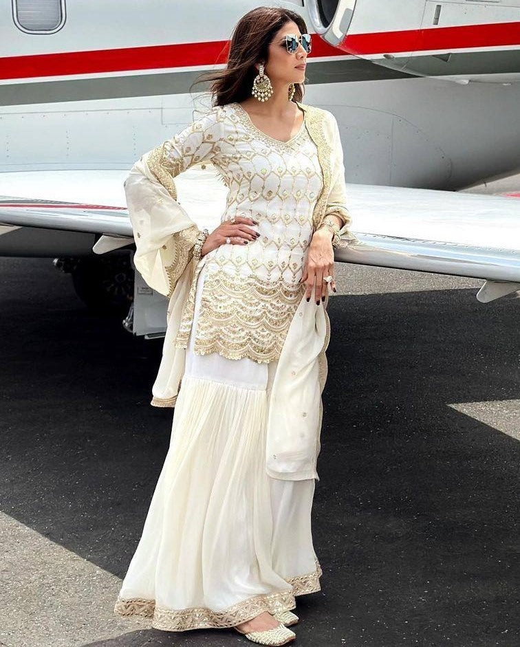 Shilpa shetty white heavy sequence work bollywood sharara suit