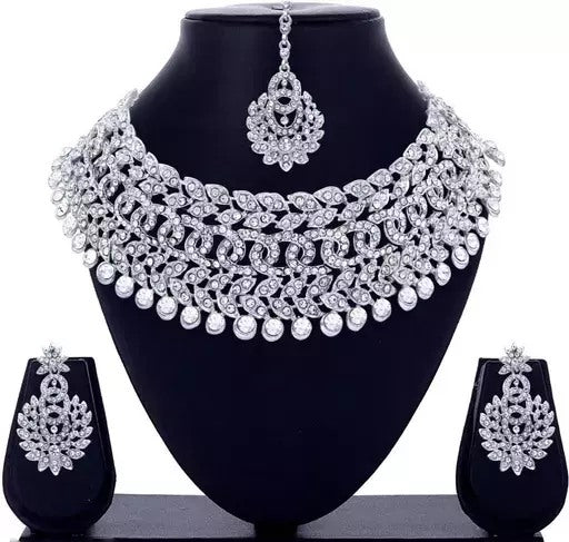 Silver plated alloy american diamond jewellery set