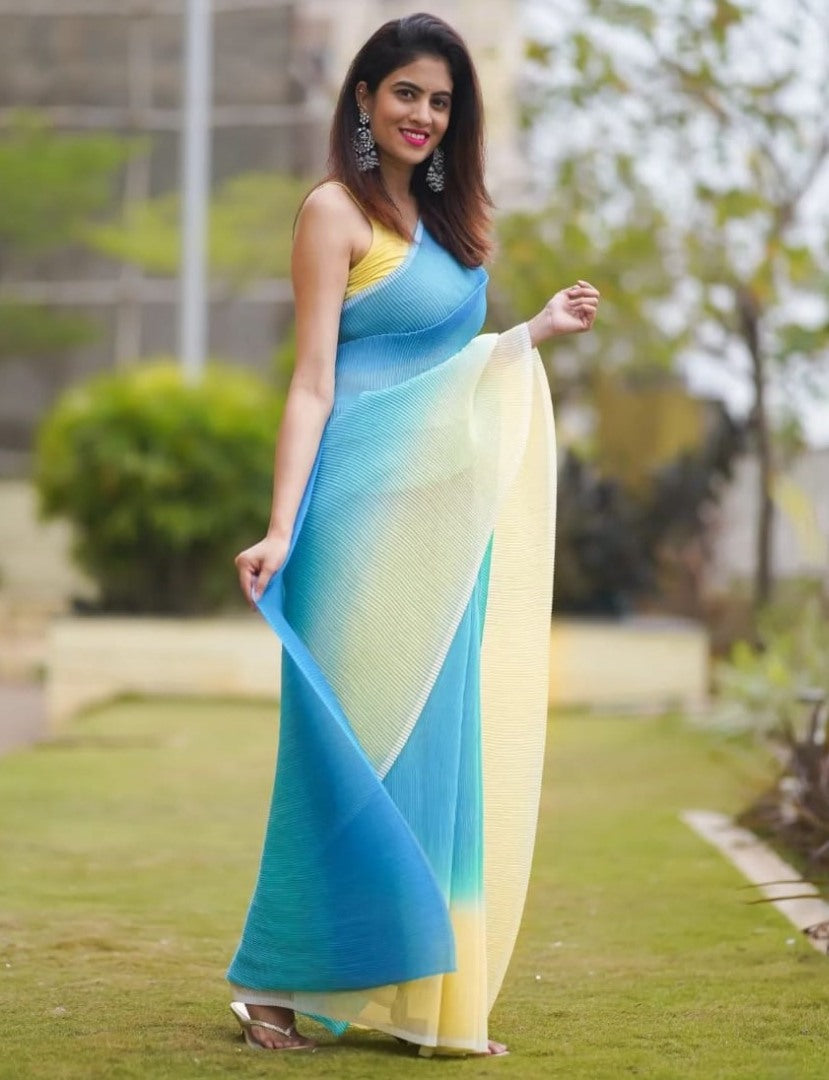Sky blue and yellow crush georgette saree