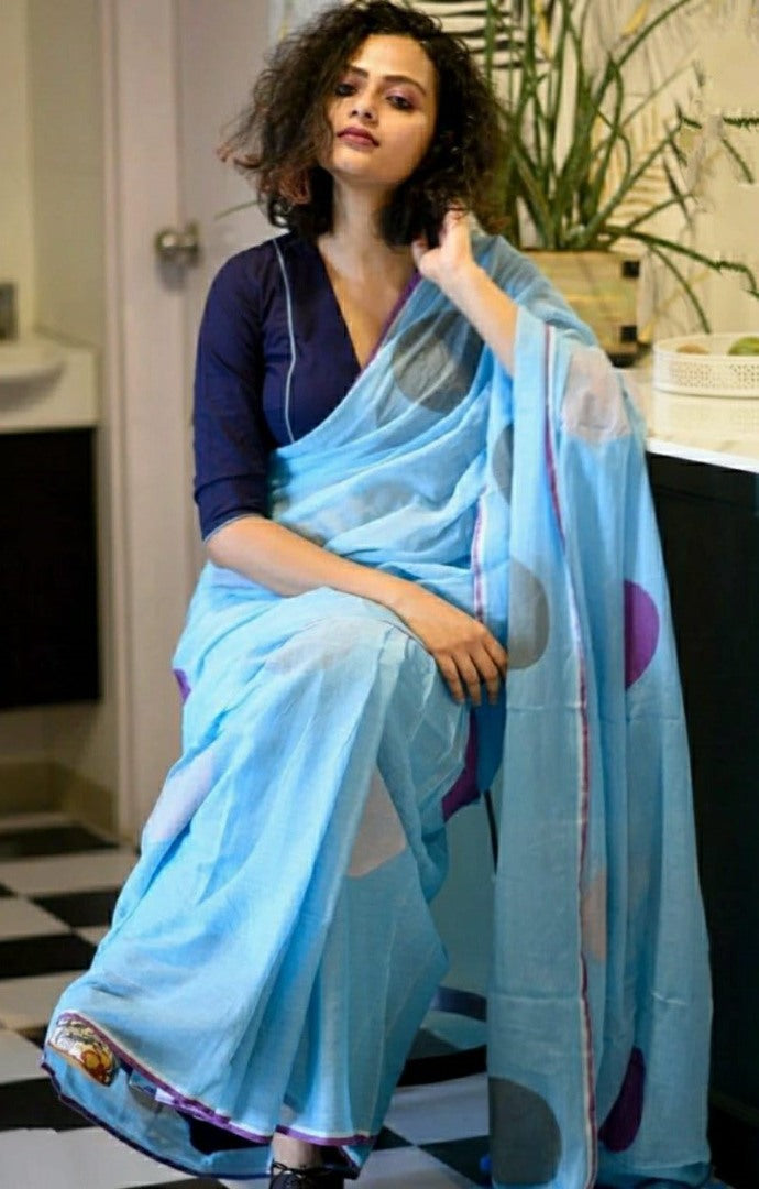 Sky blue cotton chanderi original digital printed work saree