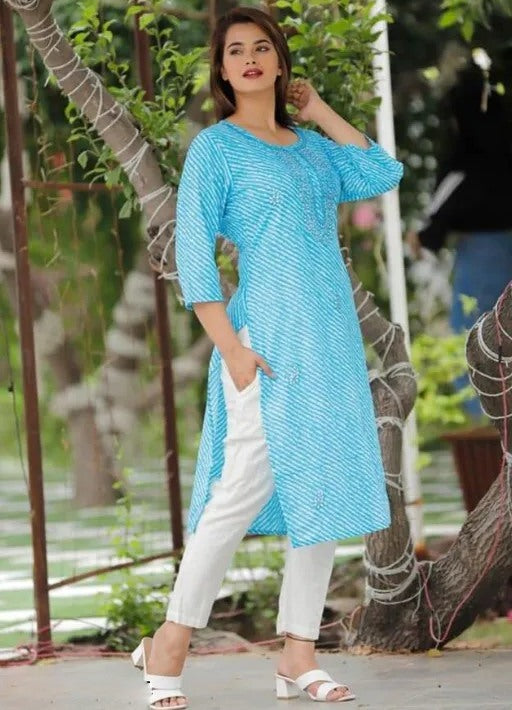 Sky blue cotton lehariya printed straight kurti