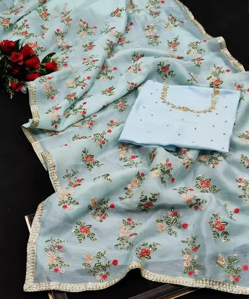 Sky blue designer embroidered wedding organza saree
