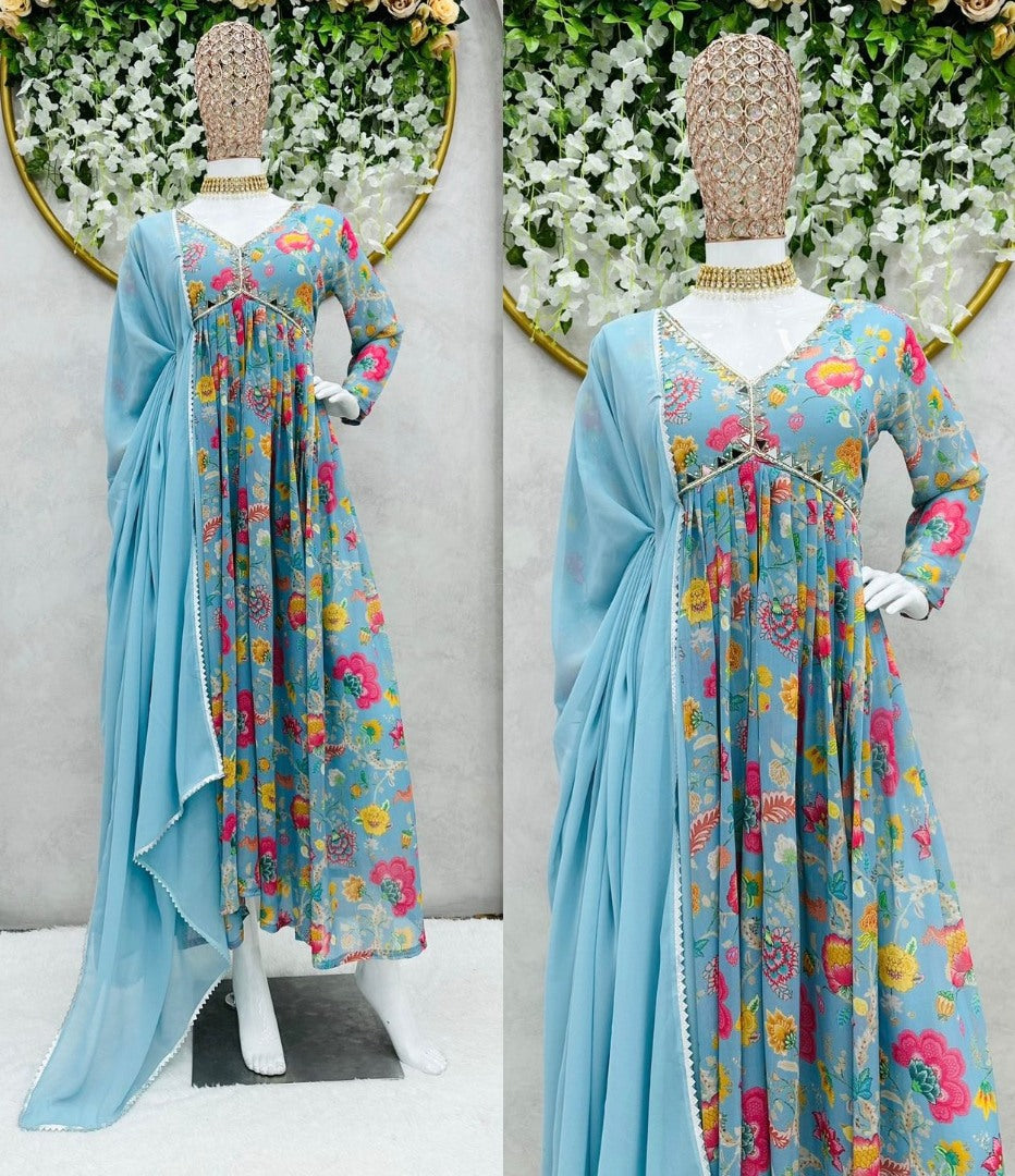 Sky blue floral printed hand work designer kurti