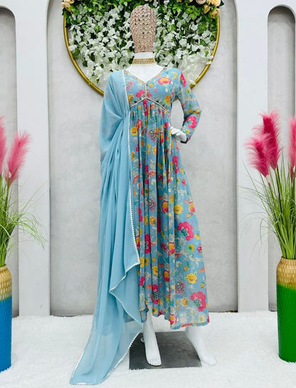 Sky blue floral printed hand work designer kurti