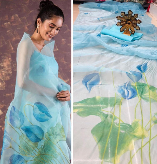 Sky blue flower printed organza saree
