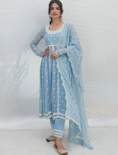 Sky blue georgette embroidery work pant suit