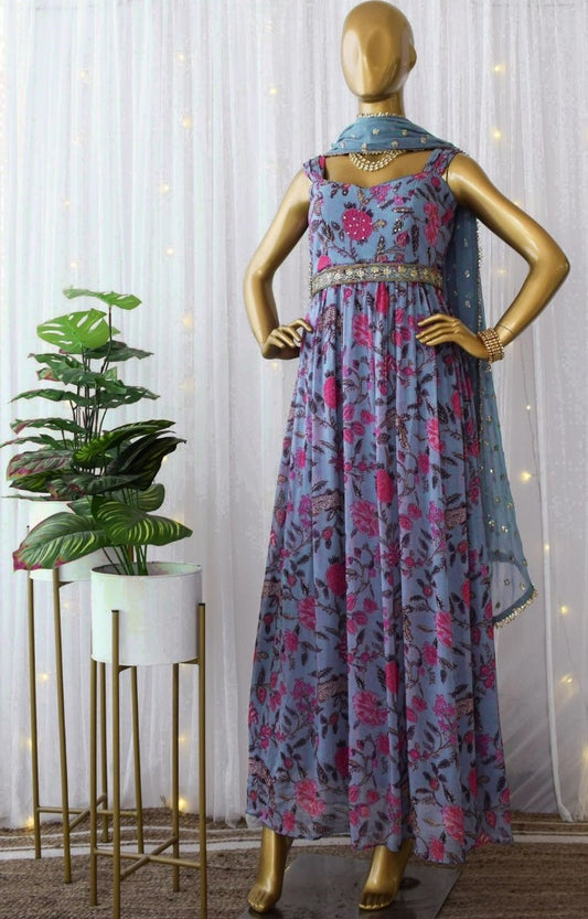 Sky blue georgette flower printed and sequence work gown