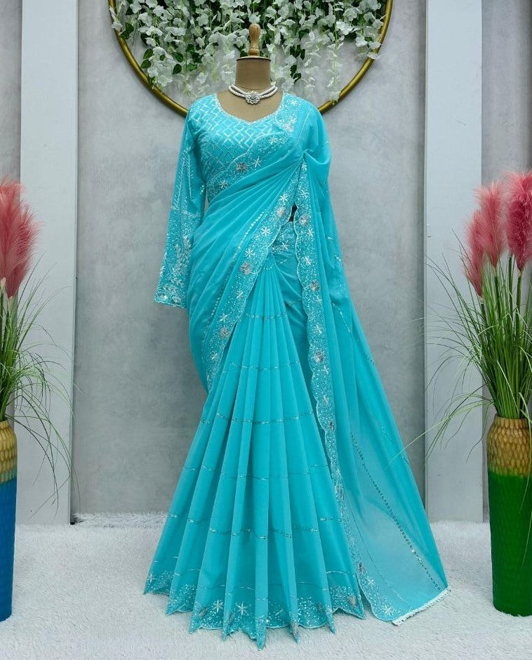 Sky blue georgette wedding saree