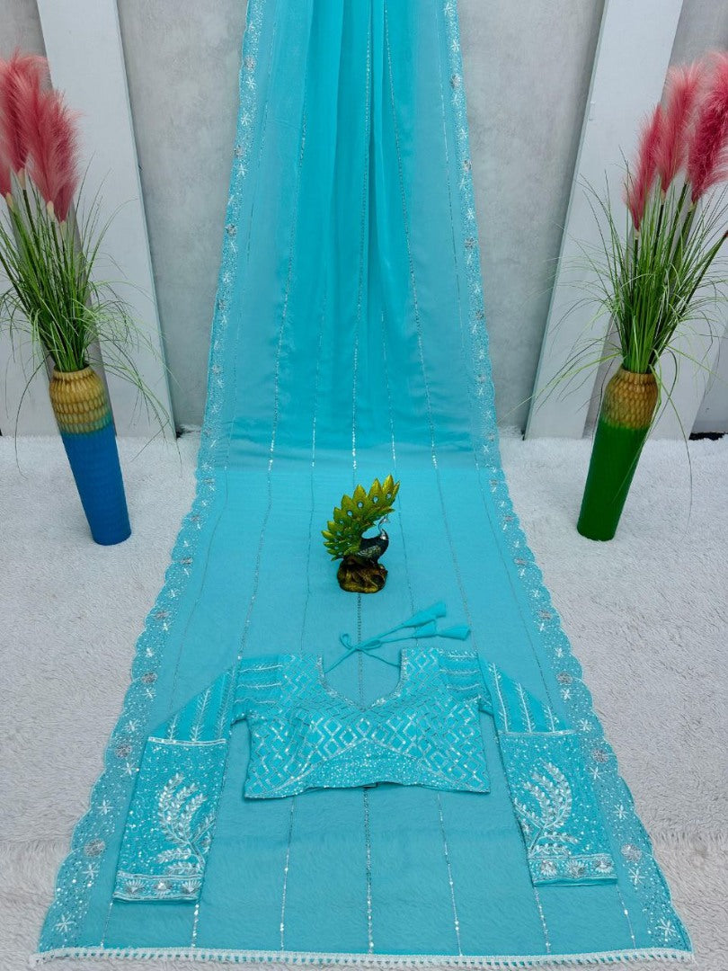 Sky blue georgette wedding saree