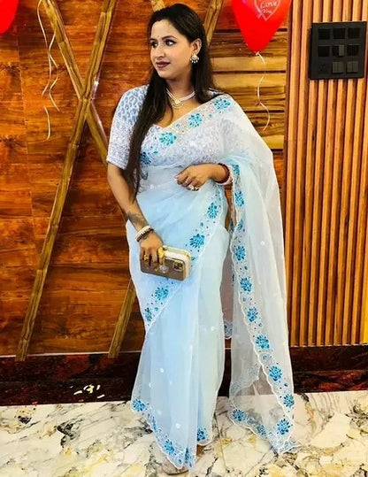 Sky blue multi thread work organza saree