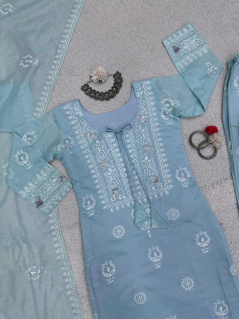 Sky blue organza plazzo suit for summer