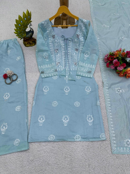 Sky blue organza plazzo suit for summer