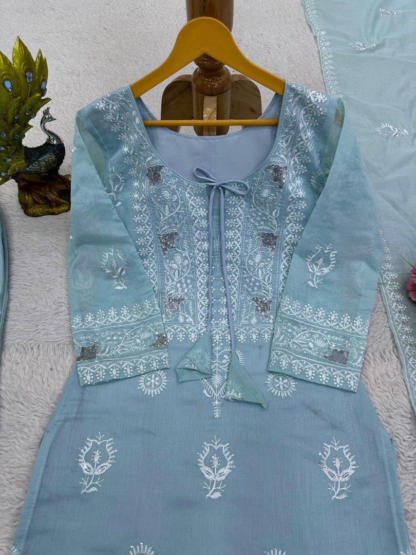 Sky blue organza plazzo suit for summer