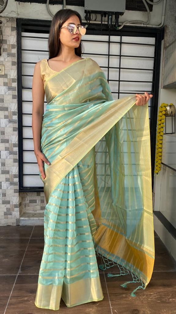 Sky blue organza saree