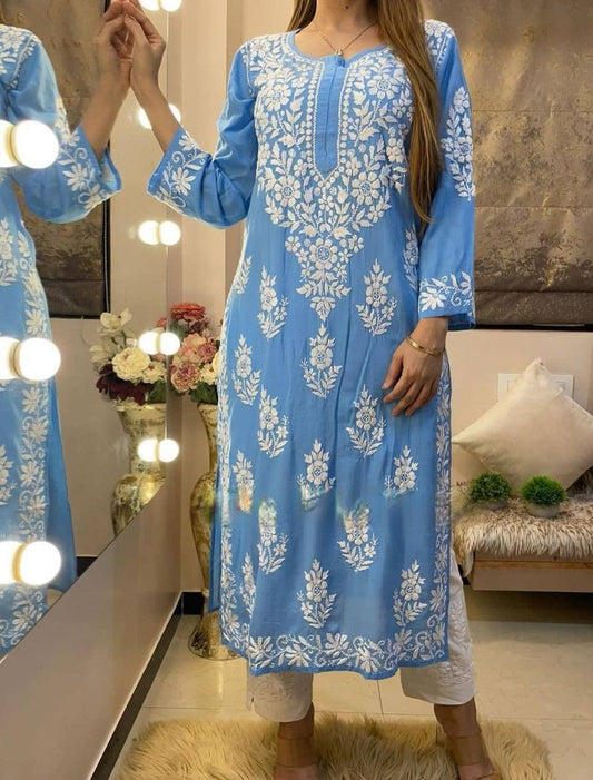 Sky blue rayon chainstitch palazzo kurti